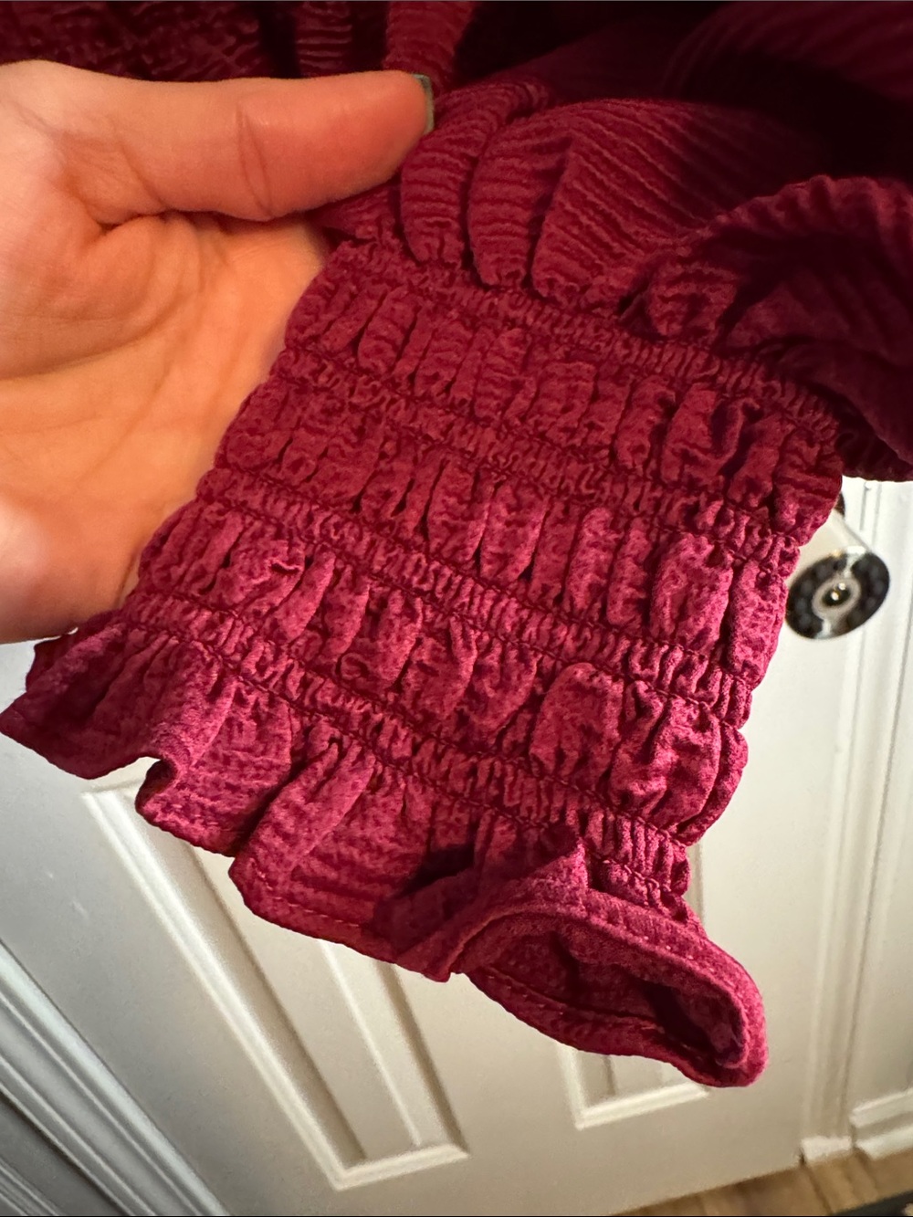 Women's Gathered-Waist Long Sleeve Top - Raspberry (R) - Picture 4 of 4